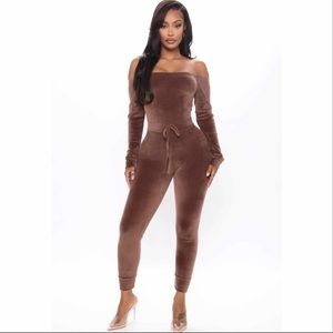 Fashion Nova Chocolate Velour Off The Shoulder Jumpsuit